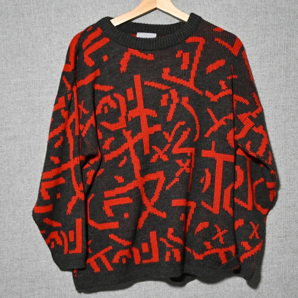 Renaissance Sweater Mens Vintage 90s Abstract Geometric USA Made XL Charcoal Red